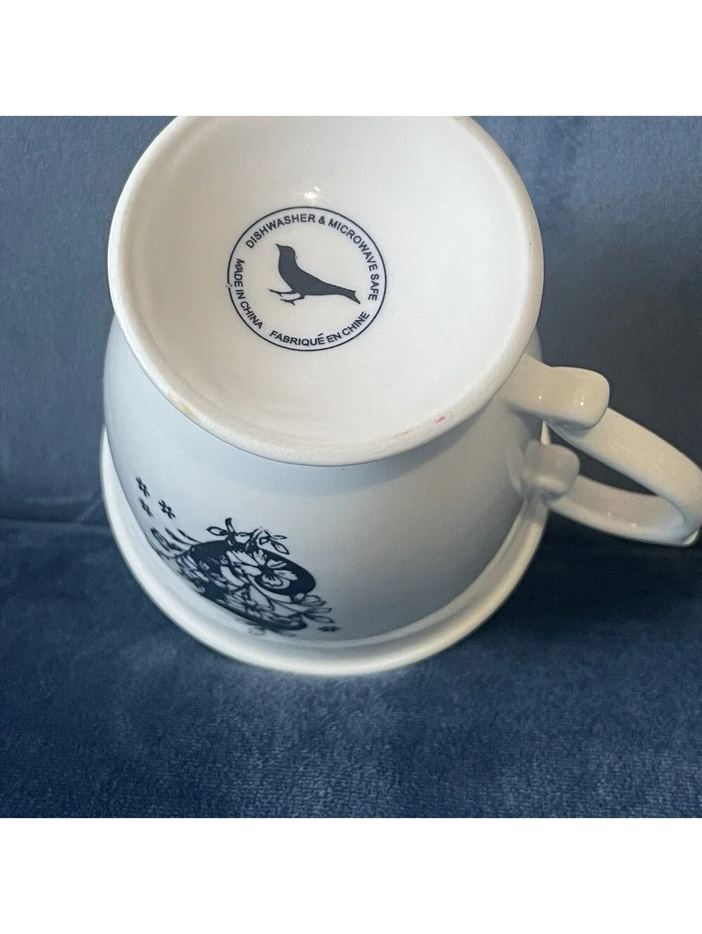 Anthropologie Pedestal Coffee Mug Tea Cup Initial J Black White Floral Fancy